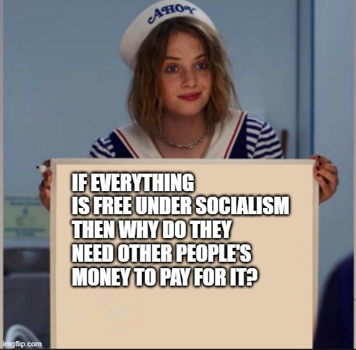 Good Question? | IF EVERYTHING IS FREE UNDER SOCIALISM THEN WHY DO THEY NEED OTHER PEOPLE'S MONEY TO PAY FOR IT? | image tagged in ahoy girl,socialism,money,free,democrats | made w/ Imgflip meme maker