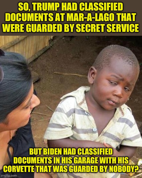 Justice is not blind | SO, TRUMP HAD CLASSIFIED DOCUMENTS AT MAR-A-LAGO THAT WERE GUARDED BY SECRET SERVICE; BUT BIDEN HAD CLASSIFIED DOCUMENTS IN HIS GARAGE WITH HIS CORVETTE THAT WAS GUARDED BY NOBODY? | image tagged in memes,third world skeptical kid | made w/ Imgflip meme maker