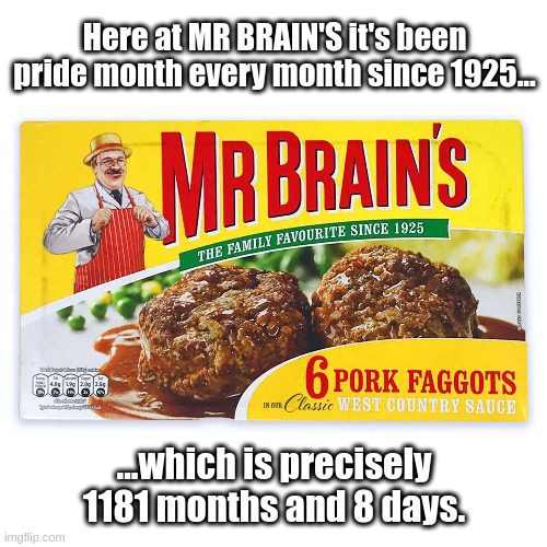 pride | Here at MR BRAIN'S it's been pride month every month since 1925... ...which is precisely 1181 months and 8 days. | made w/ Imgflip meme maker