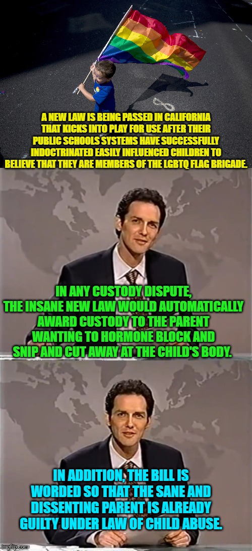 Pardon me while I puke. | A NEW LAW IS BEING PASSED IN CALIFORNIA THAT KICKS INTO PLAY FOR USE AFTER THEIR PUBLIC SCHOOLS SYSTEMS HAVE SUCCESSFULLY INDOCTRINATED EASILY INFLUENCED CHILDREN TO BELIEVE THAT THEY ARE MEMBERS OF THE LGBTQ FLAG BRIGADE. IN ANY CUSTODY DISPUTE, THE INSANE NEW LAW WOULD AUTOMATICALLY AWARD CUSTODY TO THE PARENT WANTING TO HORMONE BLOCK AND SNIP AND CUT AWAY AT THE CHILD'S BODY. IN ADDITION, THE BILL IS WORDED SO THAT THE SANE AND DISSENTING PARENT IS ALREADY GUILTY UNDER LAW OF CHILD ABUSE. | image tagged in truth | made w/ Imgflip meme maker