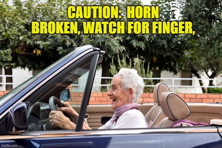 Old woman in car | CAUTION:  HORN BROKEN, WATCH FOR FINGER, | image tagged in old woman in car,senior driver,caution | made w/ Imgflip meme maker
