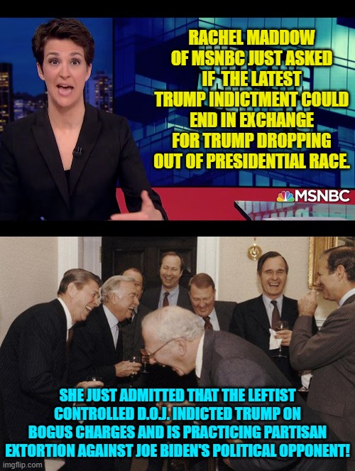 Why yes . . . yes she DID. | RACHEL MADDOW OF MSNBC JUST ASKED IF  THE LATEST TRUMP INDICTMENT COULD END IN EXCHANGE FOR TRUMP DROPPING OUT OF PRESIDENTIAL RACE. SHE JUST ADMITTED THAT THE LEFTIST CONTROLLED D.O.J. INDICTED TRUMP ON BOGUS CHARGES AND IS PRACTICING PARTISAN EXTORTION AGAINST JOE BIDEN'S POLITICAL OPPONENT! | image tagged in truth | made w/ Imgflip meme maker