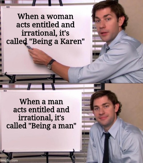 Hence there being no male version of the term | When a woman acts entitled and irrational, it's called "Being a Karen"; When a man acts entitled and irrational, it's called "Being a man" | image tagged in jim halpert explains | made w/ Imgflip meme maker