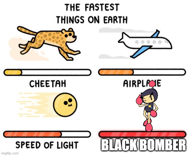 He's speeeedy | BLACK BOMBER | image tagged in fastest thing possible,black bomber,bomberman | made w/ Imgflip meme maker