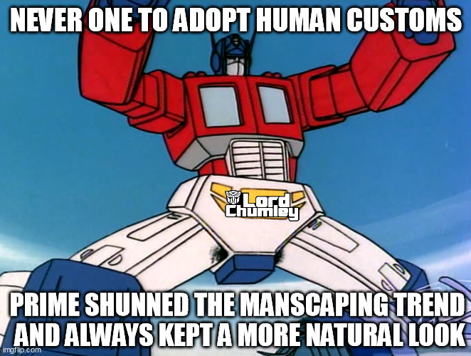 NEVER ONE TO ADOPT HUMAN CUSTOMS; PRIME SHUNNED THE MANSCAPING TREND
 AND ALWAYS KEPT A MORE NATURAL LOOK | image tagged in optimus prime,manscaping | made w/ Imgflip meme maker