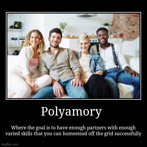 Polyamory | Where the goal is to have enough partners with enough varied skills that you can homestead off the grid successfully | image tagged in funny,demotivationals,polyamory | made w/ Imgflip demotivational maker