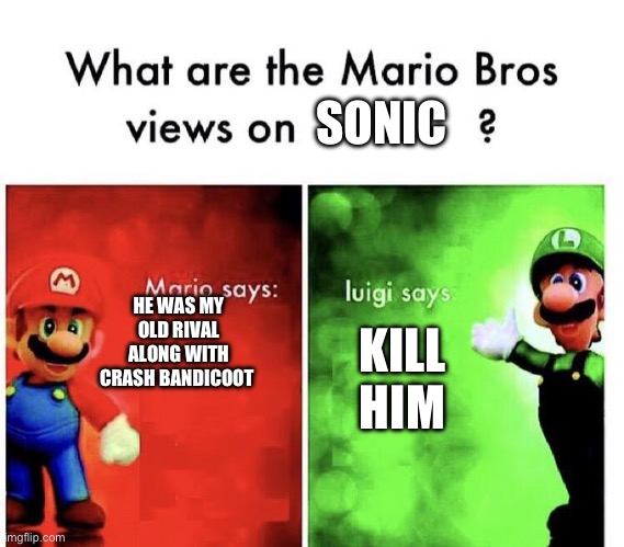 Mario says | SONIC; HE WAS MY OLD RIVAL ALONG WITH CRASH BANDICOOT; KILL HIM | image tagged in mario says luigi says | made w/ Imgflip meme maker