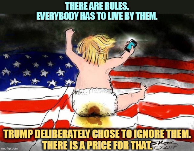 Trump has never read the Constitution and doesn't like what he's heard about it. | THERE ARE RULES.
EVERYBODY HAS TO LIVE BY THEM. TRUMP DELIBERATELY CHOSE TO IGNORE THEM.
THERE IS A PRICE FOR THAT. | image tagged in trump,rules,laws,constitution,ego | made w/ Imgflip meme maker