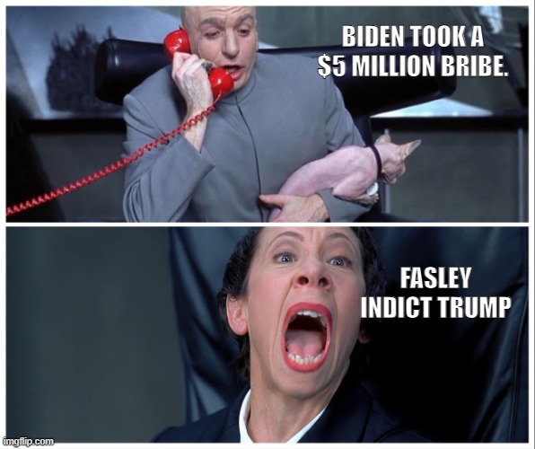 Dr Evil and Frau Yelling | BIDEN TOOK A $5 MILLION BRIBE. FASLEY INDICT TRUMP | image tagged in dr evil and frau yelling | made w/ Imgflip meme maker
