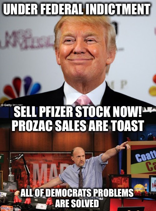 This indictment is just a placebo to make them feel better | UNDER FEDERAL INDICTMENT; SELL PFIZER STOCK NOW!
PROZAC SALES ARE TOAST; ALL OF DEMOCRATS PROBLEMS 
ARE SOLVED | image tagged in donald trump approves,memes,mad money jim cramer | made w/ Imgflip meme maker