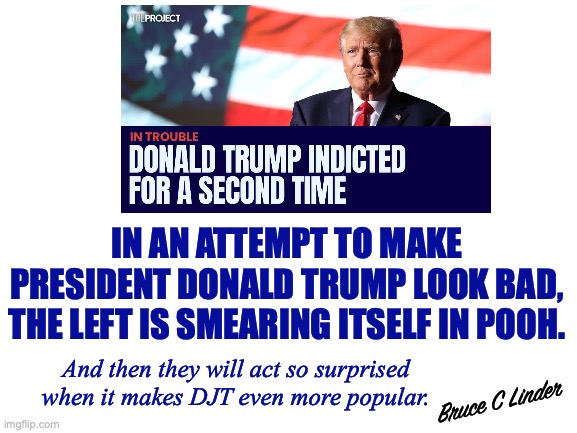Throwing Pooh | IN AN ATTEMPT TO MAKE PRESIDENT DONALD TRUMP LOOK BAD, THE LEFT IS SMEARING ITSELF IN POOH. And then they will act so surprised when it makes DJT even more popular. Bruce C Linder | image tagged in president trump,indictment,throwing pooh,liberals,conservatives | made w/ Imgflip meme maker