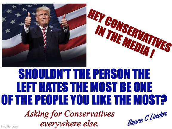 DJT | HEY CONSERVATIVES IN THE MEDIA ! SHOULDN'T THE PERSON THE LEFT HATES THE MOST BE ONE OF THE PEOPLE YOU LIKE THE MOST? Asking for Conservatives
everywhere else. Bruce C Linder | image tagged in conservatism,fight,do not surrender | made w/ Imgflip meme maker
