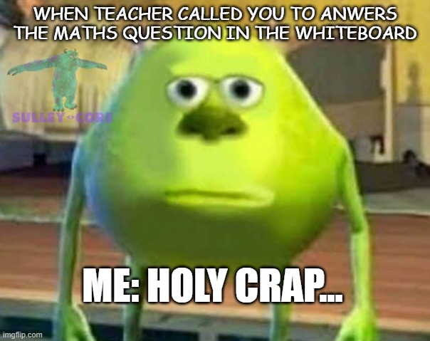 Monsters Inc | WHEN TEACHER CALLED YOU TO ANWERS THE MATHS QUESTION IN THE WHITEBOARD; ME: HOLY CRAP... | image tagged in monsters inc,maths | made w/ Imgflip meme maker