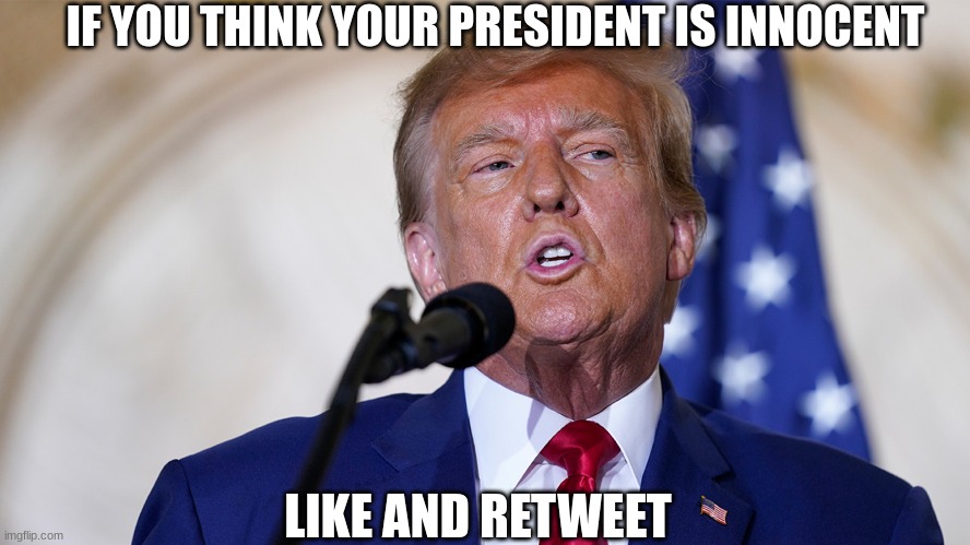 innocent | IF YOU THINK YOUR PRESIDENT IS INNOCENT; LIKE AND RETWEET | image tagged in president trump | made w/ Imgflip meme maker