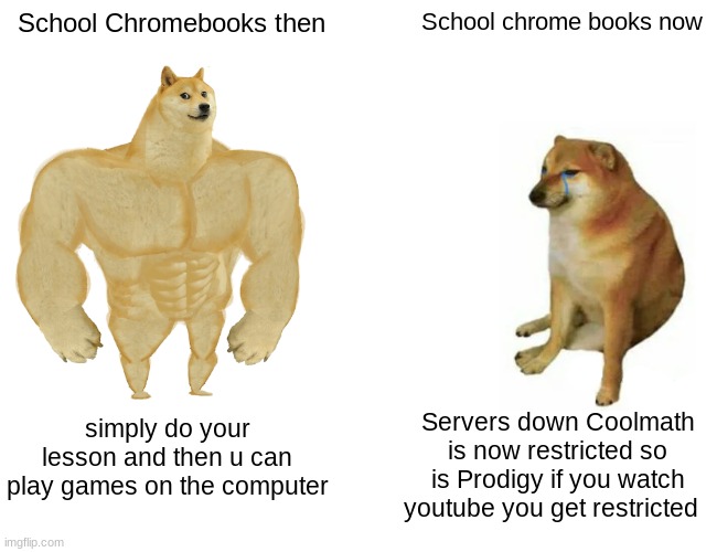Now it is so laggy tho my computer freezes every 30 minutes | School Chromebooks then; School chrome books now; Servers down Coolmath is now restricted so is Prodigy if you watch youtube you get restricted; simply do your lesson and then u can play games on the computer | image tagged in memes,buff doge vs cheems,school,then and now,chromebook,relatable | made w/ Imgflip meme maker