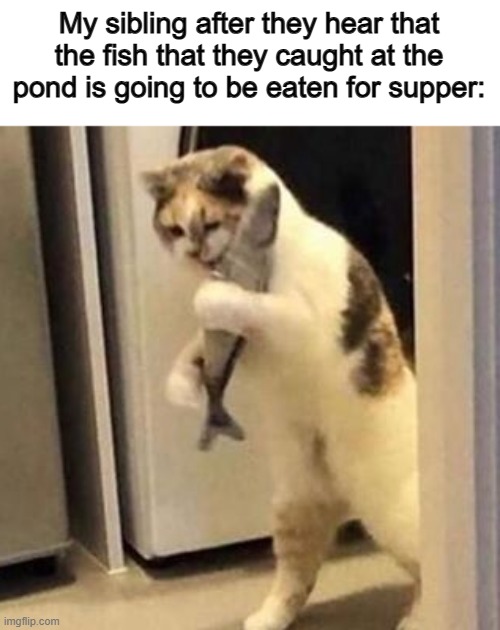 *Runs away with fish to save it's life* | My sibling after they hear that the fish that they caught at the pond is going to be eaten for supper: | image tagged in hungry cat | made w/ Imgflip meme maker