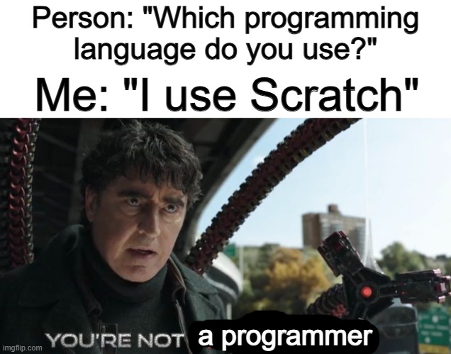 Personally, I think it counts :) | Person: "Which programming language do you use?"; Me: "I use Scratch"; a programmer | image tagged in you're not peter parker | made w/ Imgflip meme maker
