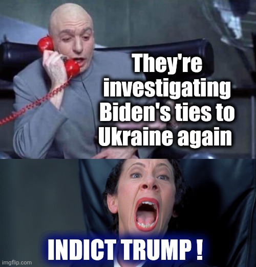 The simple minded are predictable | They're investigating Biden's ties to Ukraine again; INDICT TRUMP ! | image tagged in dr evil and frau,try again,do it again,trump derangement syndrome,impeach,well yes but actually no | made w/ Imgflip meme maker