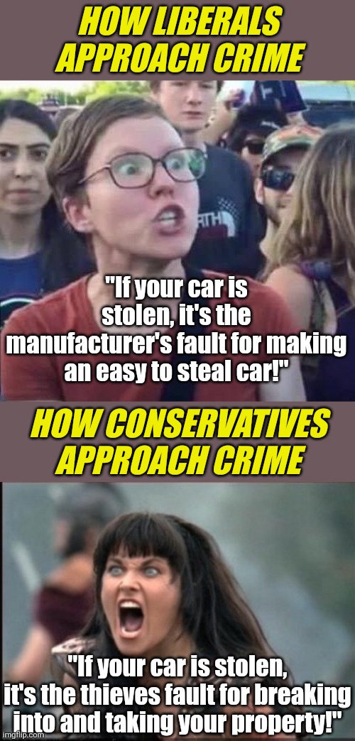 Numerous Dem run cities are in a lawsuit to punish car manufacturers. Because the thief might be a minority right? | HOW LIBERALS APPROACH CRIME; "If your car is stolen, it's the manufacturer's fault for making an easy to steal car!"; HOW CONSERVATIVES APPROACH CRIME; "If your car is stolen, it's the thieves fault for breaking into and taking your property!" | image tagged in liberal logic,cars,thief,liberal hypocrisy,stupid people,bad ideas | made w/ Imgflip meme maker