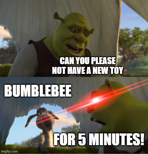 Bumblebee has too many toys | CAN YOU PLEASE NOT HAVE A NEW TOY; BUMBLEBEE; FOR 5 MINUTES! | image tagged in shrek for five minutes | made w/ Imgflip meme maker