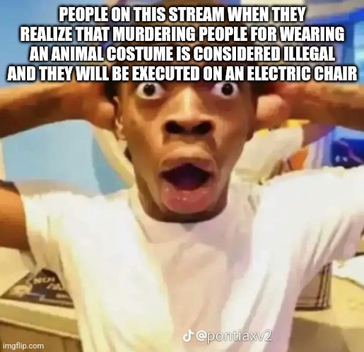 Real | PEOPLE ON THIS STREAM WHEN THEY REALIZE THAT MURDERING PEOPLE FOR WEARING AN ANIMAL COSTUME IS CONSIDERED ILLEGAL AND THEY WILL BE EXECUTED ON AN ELECTRIC CHAIR | image tagged in shocked black guy | made w/ Imgflip meme maker