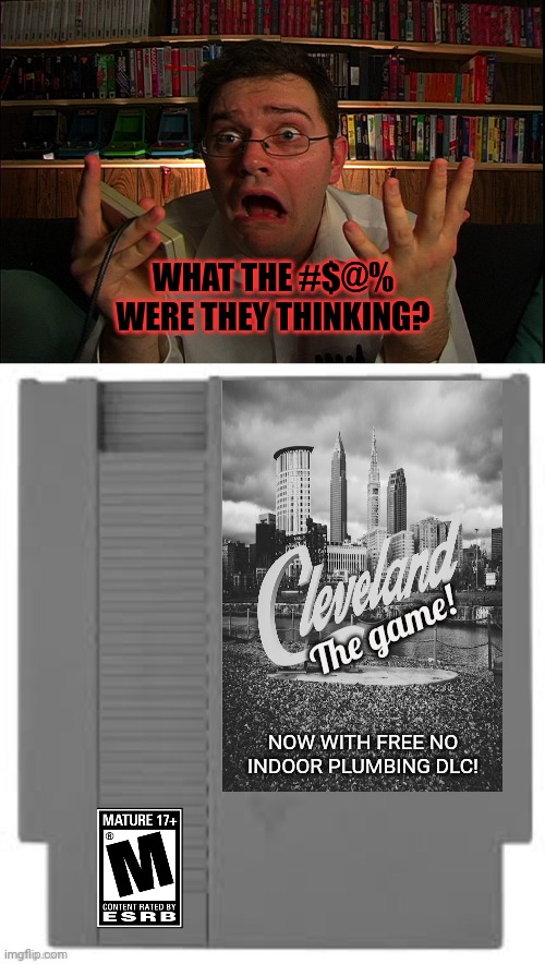 But why? Why would you do that? | WHAT THE #$@% WERE THEY THINKING? The game! NOW WITH FREE NO INDOOR PLUMBING DLC! | image tagged in avgn what were they thinking,nintendo entertainment system cartridge,worst,nes games | made w/ Imgflip meme maker
