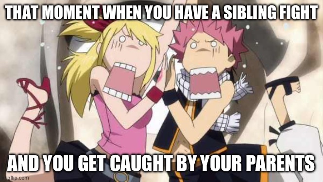 Sibling fights (Fairy Tail edition) | THAT MOMENT WHEN YOU HAVE A SIBLING FIGHT; AND YOU GET CAUGHT BY YOUR PARENTS | image tagged in natsu and lucy discover lucy death fanfiction,memes,fairy tail,natsu dragneel,lucy heartfilia,that moment when | made w/ Imgflip meme maker