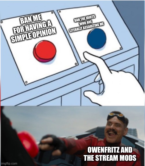 Robotnik Pressing Red Button | BAN THE IDIOTS WHO ARE LITERALLY ASSAULTING ME; BAN ME FOR HAVING A SIMPLE OPINION; OWENFRITZ AND THE STREAM MODS | image tagged in robotnik pressing red button | made w/ Imgflip meme maker