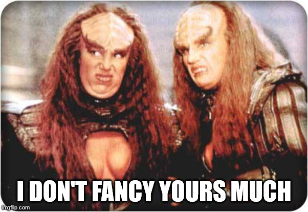 klingon females | I DON'T FANCY YOURS MUCH | image tagged in klingon females | made w/ Imgflip meme maker