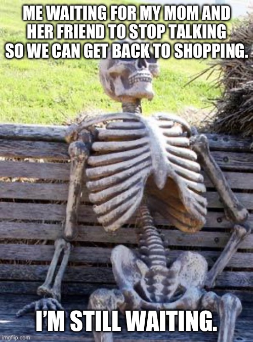 Bruh stop talking | ME WAITING FOR MY MOM AND HER FRIEND TO STOP TALKING SO WE CAN GET BACK TO SHOPPING. I’M STILL WAITING. | image tagged in memes,waiting skeleton | made w/ Imgflip meme maker