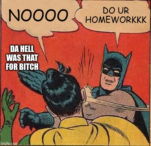 Batman Slapping Robin Meme | NOOOO; DO UR HOMEWORKKK; DA HELL WAS THAT FOR BITCH | image tagged in memes,batman slapping robin | made w/ Imgflip meme maker