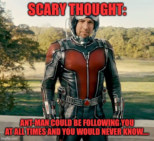 Think about it….. | SCARY THOUGHT:; ANT-MAN COULD BE FOLLOWING YOU AT ALL TIMES AND YOU WOULD NEVER KNOW…. | image tagged in ant man,scary | made w/ Imgflip meme maker