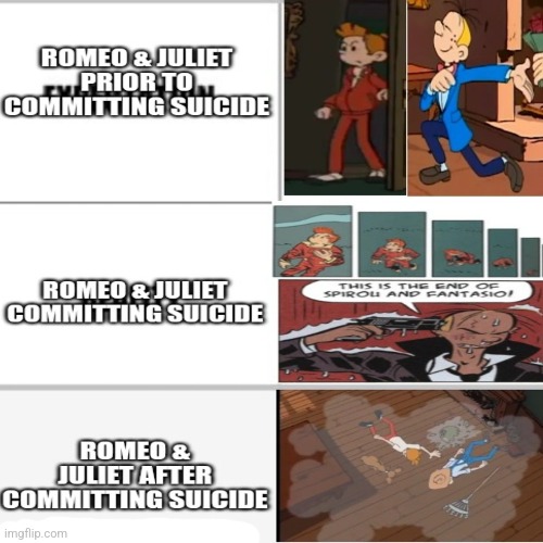 Romeo & Juliet's suicide Except Romeo & Juliet are Spirou & Fantasio | image tagged in suicide,romeo and juliet | made w/ Imgflip meme maker