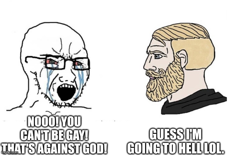 Soyboy Vs Yes Chad | NOOO! YOU CAN'T BE GAY! THAT'S AGAINST GOD! GUESS I'M GOING TO HELL LOL. | image tagged in soyboy vs yes chad | made w/ Imgflip meme maker