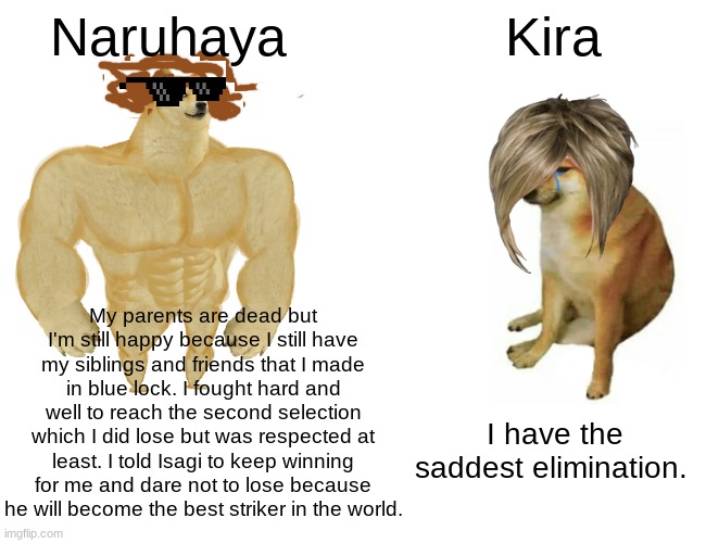 Buff Doge vs. Cheems | Naruhaya; Kira; My parents are dead but I'm still happy because I still have my siblings and friends that I made in blue lock. I fought hard and well to reach the second selection which I did lose but was respected at least. I told Isagi to keep winning for me and dare not to lose because he will become the best striker in the world. I have the saddest elimination. | image tagged in memes,buff doge vs cheems,anime,manga,soccer | made w/ Imgflip meme maker