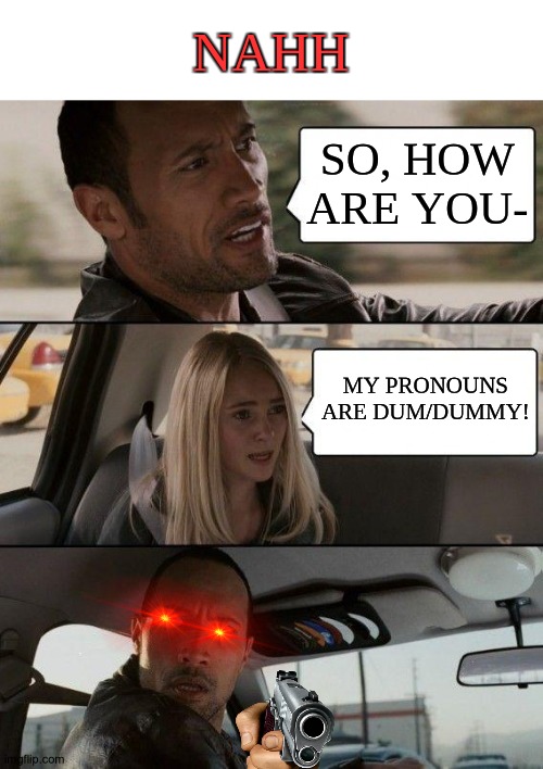 Nope not this. | NAHH; SO, HOW ARE YOU-; MY PRONOUNS ARE DUM/DUMMY! | image tagged in memes,the rock driving | made w/ Imgflip meme maker
