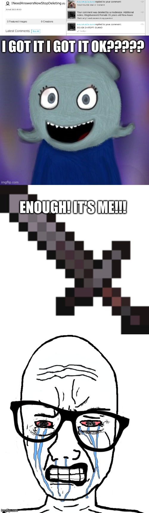 ENOUGH! Okay? I'm Blue! | I GOT IT I GOT IT OK????? ENOUGH! IT'S ME!!! | image tagged in therealblue2007,netherite sword,wojak crying | made w/ Imgflip meme maker