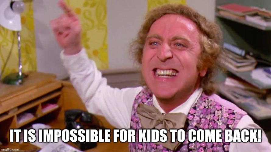 Willy Wonka you get nothing | IT IS IMPOSSIBLE FOR KIDS TO COME BACK! | image tagged in willy wonka you get nothing | made w/ Imgflip meme maker