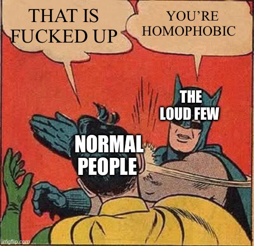 THAT IS FUCKED UP YOU’RE HOMOPHOBIC NORMAL PEOPLE THE LOUD FEW | image tagged in memes,batman slapping robin | made w/ Imgflip meme maker