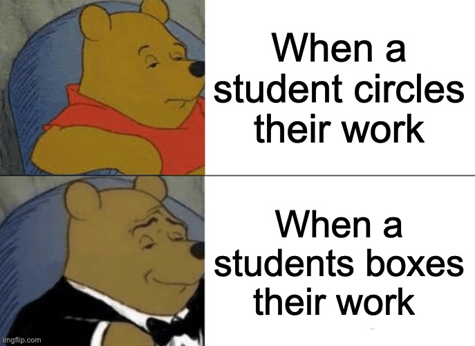 Tuxedo Winnie The Pooh | When a student circles their work; When a students boxes their work | image tagged in memes,tuxedo winnie the pooh | made w/ Imgflip meme maker