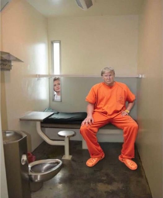 Donald Trump in jail, prison, with Hillary at the window Blank Meme Template