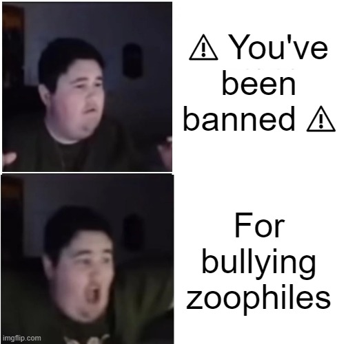 Discord be like: | ⚠ You've been banned ⚠; For bullying zoophiles | image tagged in oh let's go that's class | made w/ Imgflip meme maker