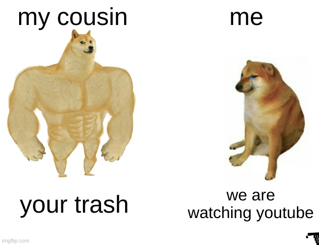 when you play with cousin | my cousin; me; your trash; we are watching youtube | image tagged in memes,buff doge vs cheems | made w/ Imgflip meme maker
