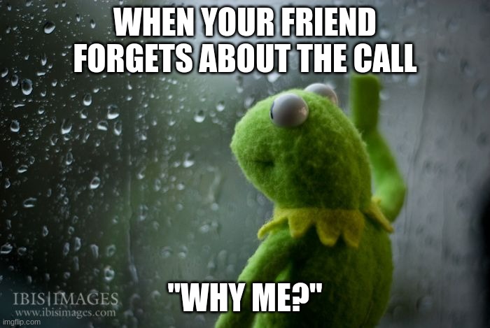 :c | WHEN YOUR FRIEND FORGETS ABOUT THE CALL; "WHY ME?" | image tagged in kermit window | made w/ Imgflip meme maker