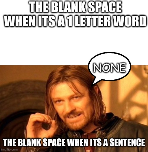 pov: notes | THE BLANK SPACE WHEN ITS A 1 LETTER WORD; NONE; THE BLANK SPACE WHEN ITS A SENTENCE | image tagged in memes,one does not simply | made w/ Imgflip meme maker