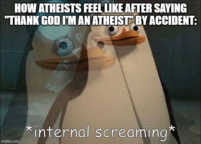 Private Internal Screaming | HOW ATHEISTS FEEL LIKE AFTER SAYING "THANK GOD I'M AN ATHEIST" BY ACCIDENT: | image tagged in private internal screaming,atheists,atheist | made w/ Imgflip meme maker