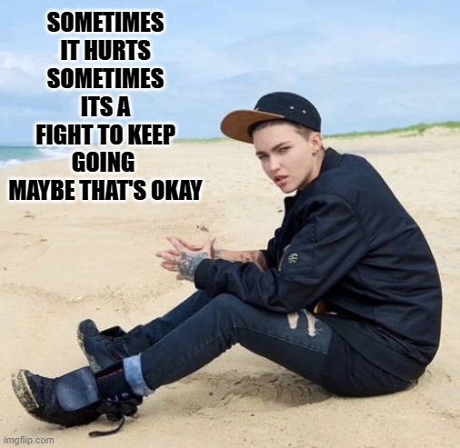true | SOMETIMES IT HURTS SOMETIMES ITS A FIGHT TO KEEP GOING 
MAYBE THAT'S OKAY | image tagged in ruby rose,sad,quotes | made w/ Imgflip meme maker