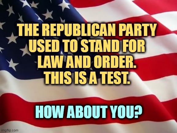 Well? | THE REPUBLICAN PARTY
 USED TO STAND FOR 
LAW AND ORDER.
THIS IS A TEST. HOW ABOUT YOU? | image tagged in american flag,law and order,republican party,trump,crime,criminal | made w/ Imgflip meme maker
