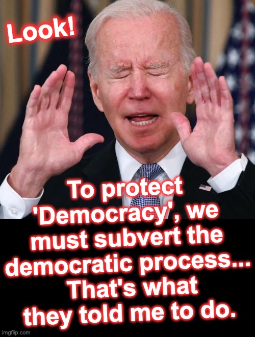 Stalin is smiling from above.. ah or, from below [warning: soviet satire] | Look! To protect 'Democracy', we must subvert the democratic process...  That's what they told me to do. | image tagged in biden stop,soviet union | made w/ Imgflip meme maker