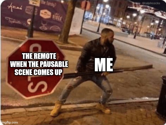 Getting ready to pause this sucker!!! | THE REMOTE WHEN THE PAUSABLE SCENE COMES UP; ME | image tagged in guy holding stop sign | made w/ Imgflip meme maker